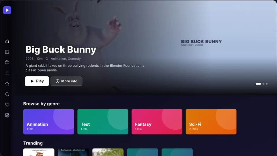 Lumen, a streaming app with a featured movie hero and genre rows, built in Tellyport Studio