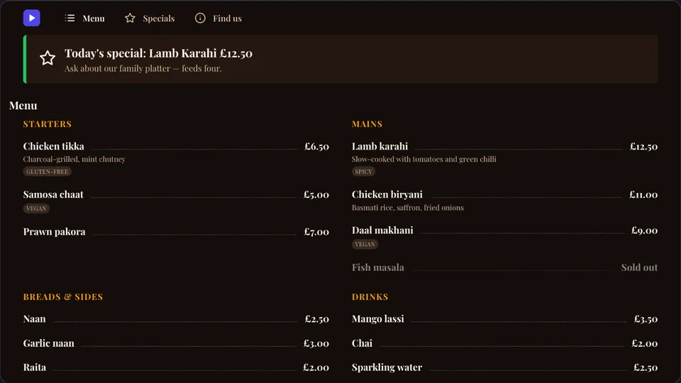 A restaurant menu board with today's special, starters, mains and drinks with prices