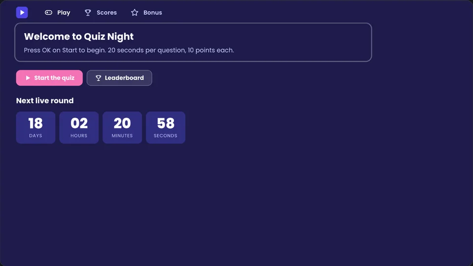 A quiz night app with start button, leaderboard and a countdown to the next live round