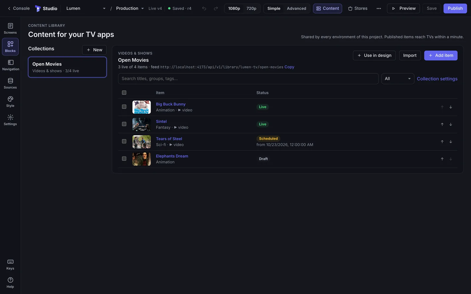 The content library with an Open Movies collection: published, scheduled and draft items with poster images