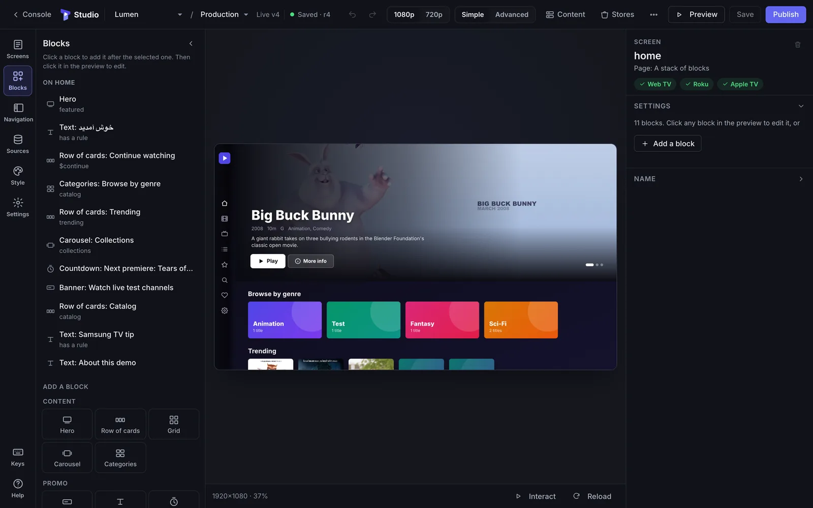 Tellyport Studio editing the Lumen streaming app: block list on the left, the live TV preview in the middle, settings on the right
